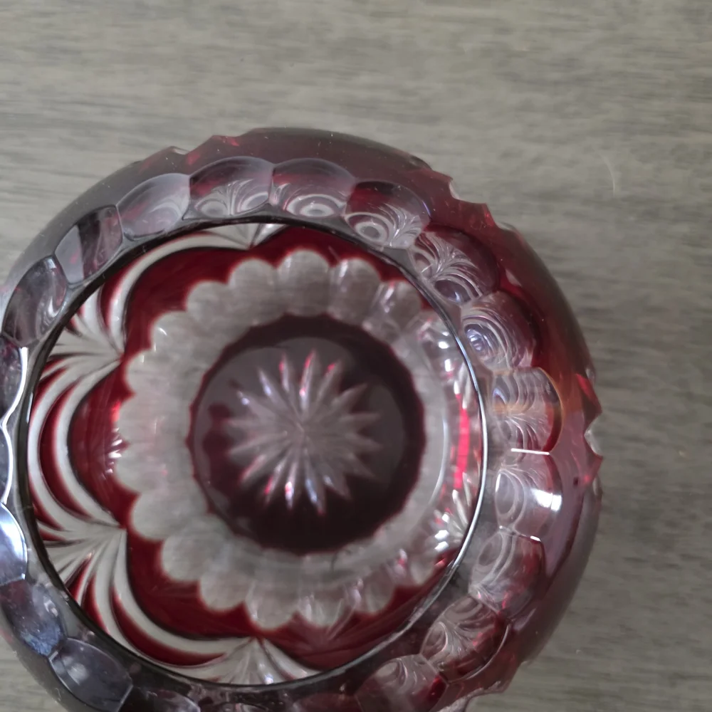 Bohemian Odessa Cranberry Red Cut to Clear Crystal Glass Rose Bowl Vase